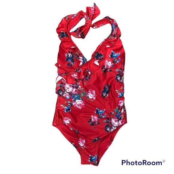Modcloth The Reese Floral One Piece Red One Piece Swimsuit Size Small - Picture 2 of 6